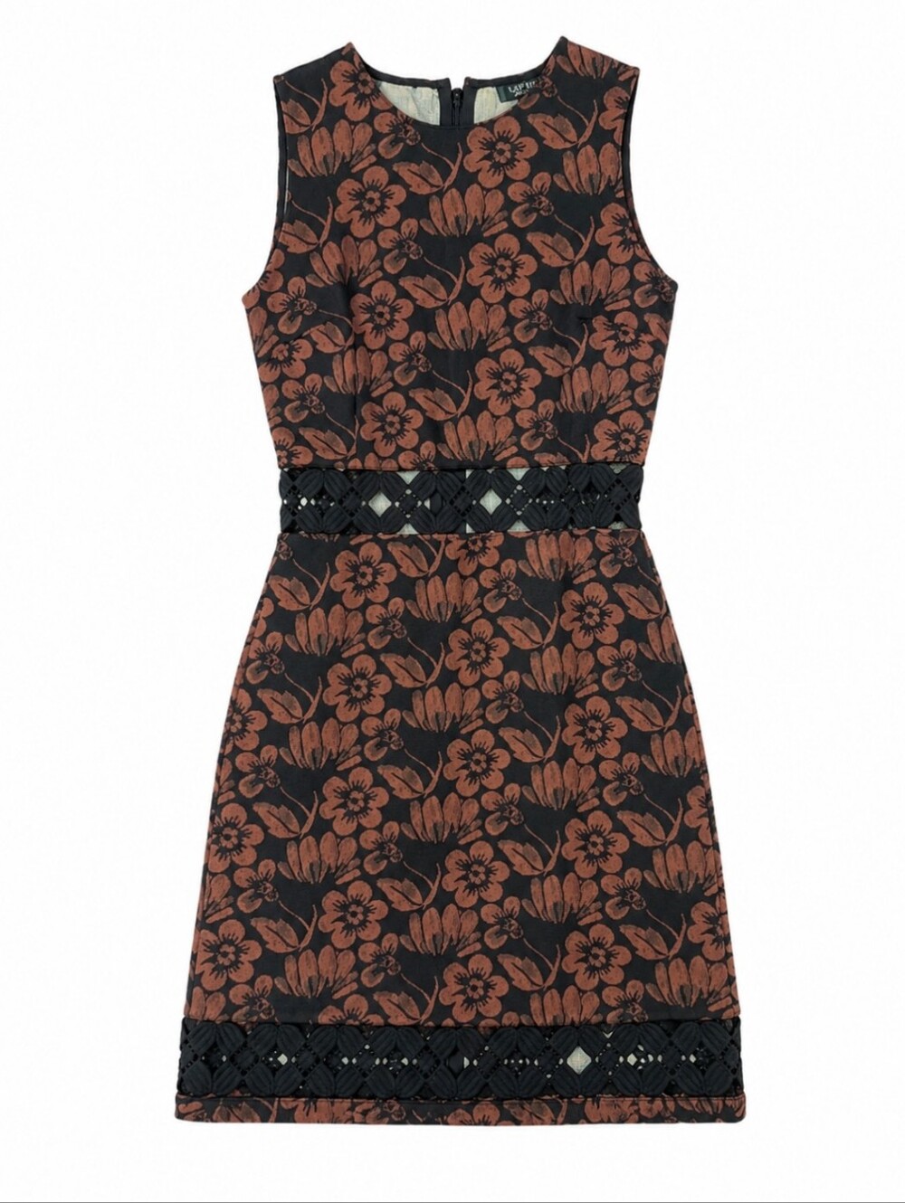 Topshop Dress Brown Black Crochet Waist Floral Brocade Tapestry A-Line Sz 2